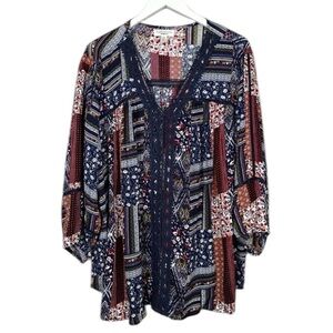 John Paul Richards Boho Print Lace Top Blouse 1X